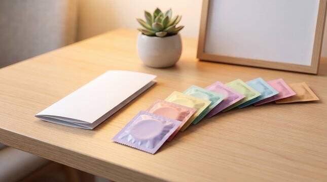 Colorful condom packets arranged in a row on a clean wooden desk surface indoors with various pastel colored folded paper wooden packets sits next contraception contraceptive arrangement barrier