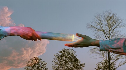 Naklejka premium Two hands passing glowing torch baton object against colorful cloudy backdrop