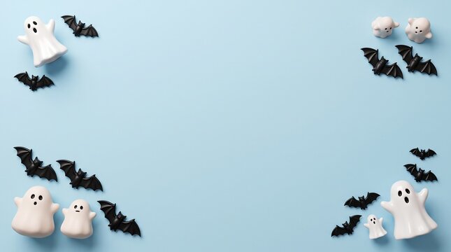 Halloween background with cute ghosts and black bats arranged on a light blue surface with copy space