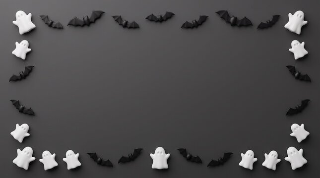 Halloween background with a frame of ghost and bat silhouettes on a dark grey textured surface