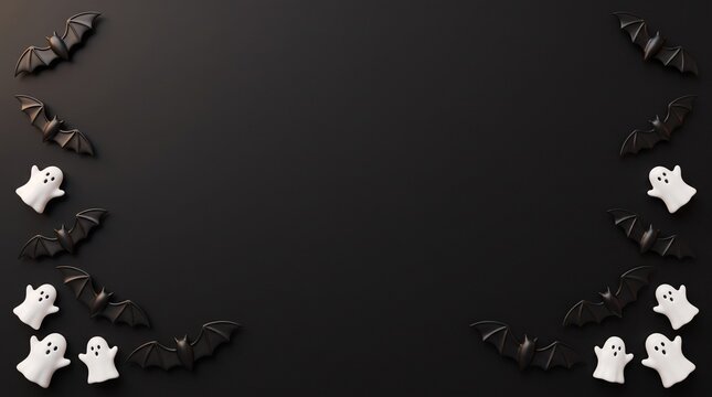 Halloween background with small white ghost and black bat decorations arranged on a dark black surface