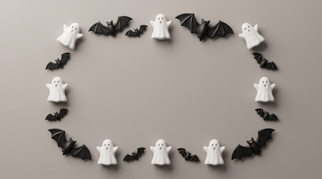 Halloween frame made of small white ghost figurines and black bat decorations on a grey background
