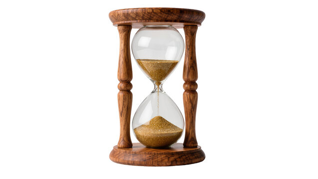 Antique wooden hourglass with golden sand, isolated on transparent background