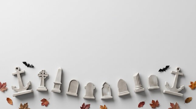 Halloween background with miniature tombstones and autumn leaves on a light grey surface with copy space