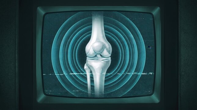 Digital illustration of a human knee joint displayed on a vintage television screen monitor with old television orthopedic technology electronic radiology structure broadcast interface anatomy