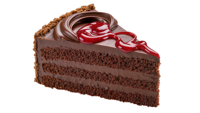 Rich chocolate cake slice with red jam drizzle and frosting swirl, isolated on transparent background