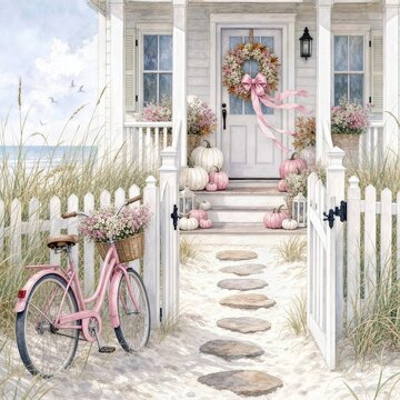 A pastel-colored scene depicts a cozy beach cottage adorned with pink and white pumpkins with flowers at the entrance, while a vintage bicycle leans against the sandy path leading to a porch
