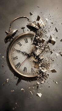 Shattered antique alarm clock exploding in midair