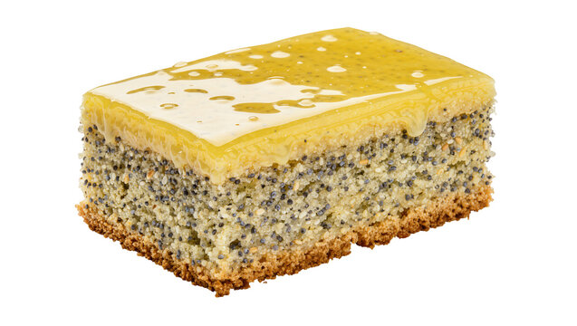Rectangular poppy seed cake slice with yellow glaze, isolated on transparent background
