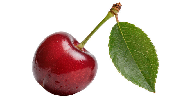 Single ripe dark red cherry with green leaf and stem, isolated on transparent background