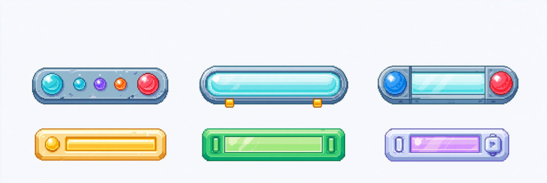 Colorful buttons in various shapes and styles for UI design.