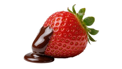 Ripe red strawberry with melted dark chocolate drizzle, isolated on transparent background © Sophie