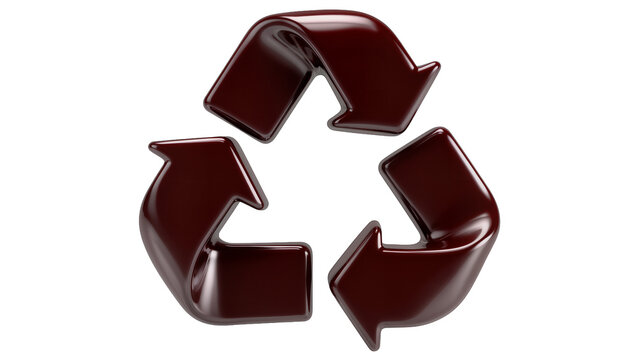Glossy dark red recycling symbol, isolated on transparent background
