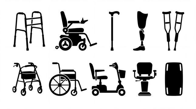 Black silhouette icons of various medical mobility aids for patients set on white background with silhouettes representing diverse patient mobility accessibility medical equipment used disability