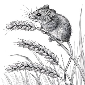 Mouse eating wheat on a stalk illustration