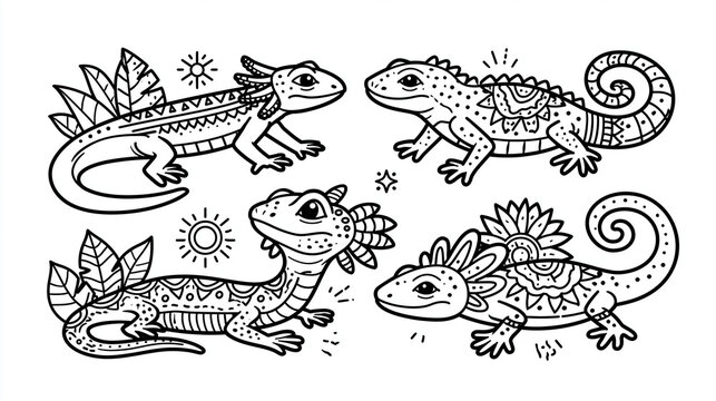 Four playful lizards in intricate line art with floral and geometric designs.