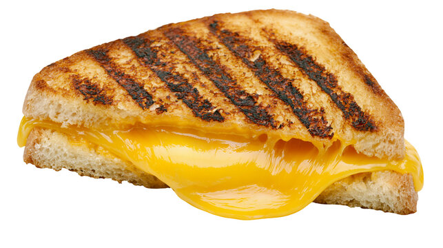 Golden grilled cheese sandwich with melted cheddar cheese, isolated on transparent background