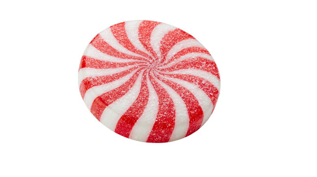 Round red and white striped hard candy with sugar coating, isolated on transparent background