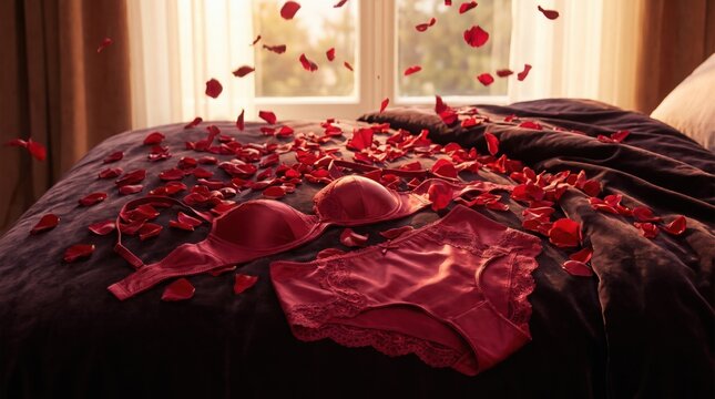 Red lingerie set displayed on a dark bed covered with falling red rose petals with bedspread surrounded scattered lies dark velvet celebration anniversary valentines underwear aesthetic romance