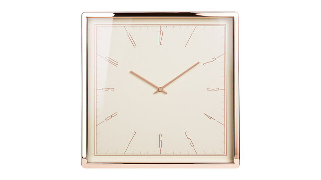 Minimalist square wall clock with rose gold frame and cream dial, isolated on transparent background