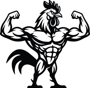 Muscular rooster mascot illustration, strong chicken character flexing muscles, aggressive bodybuilding bird design