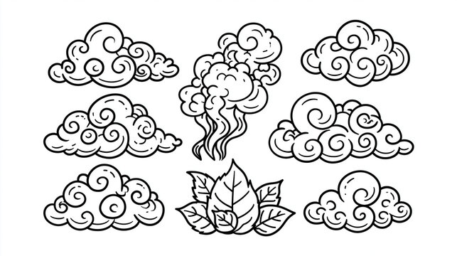 Artistic black outline clouds with swirling designs and leaves at the center.