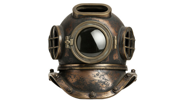 Antique bronze diving helmet with glass portholes, isolated on transparent background
