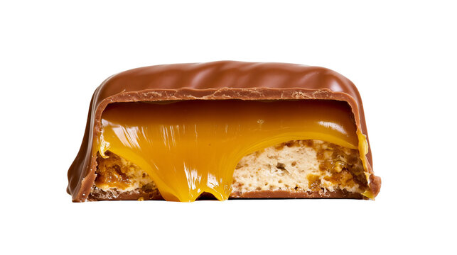 Chocolate bar with gooey caramel and nougat filling, isolated on transparent background