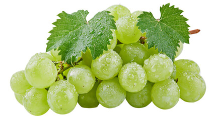 Fresh green grapes with water droplets and leaves, isolated on transparent background © Sophie