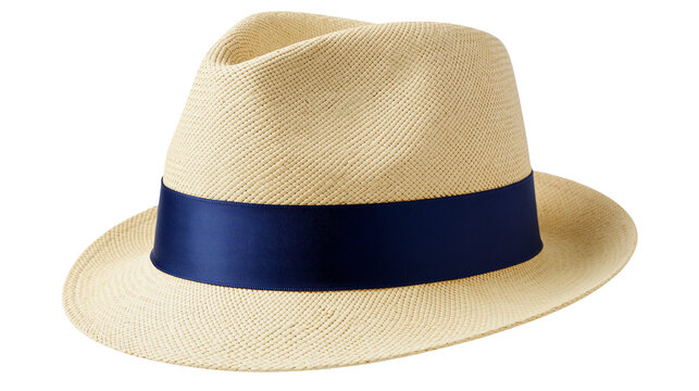 Woven straw fedora hat with navy blue ribbon band, isolated on transparent background