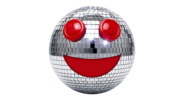Smiley face disco ball with red eyes and mouth, isolated on transparent background