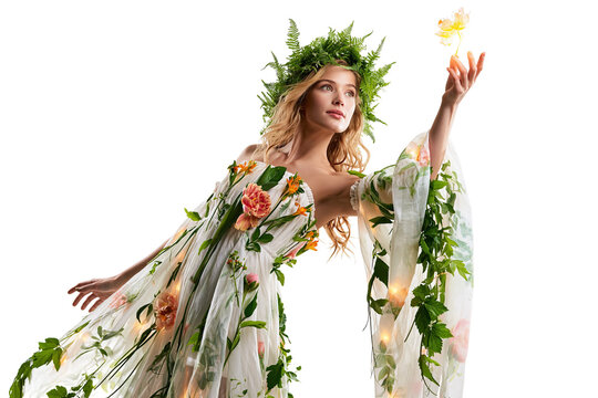 Forest nymph wearing floral gown and leafy wreath holding a yellow flower isolated on transparent background PNG element