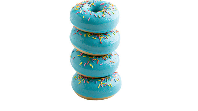Stack of four blue frosted donuts with colorful sprinkles, isolated on transparent background