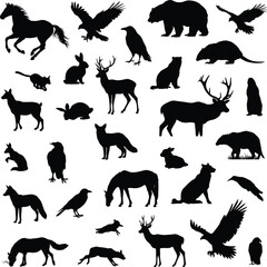 Fototapeta premium Set of wild animal silhouettes including deer, horses, bears, rabbits, wolves, and birds