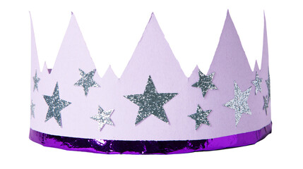 Lavender paper crown with silver glitter stars, isolated on transparent background © Sophie