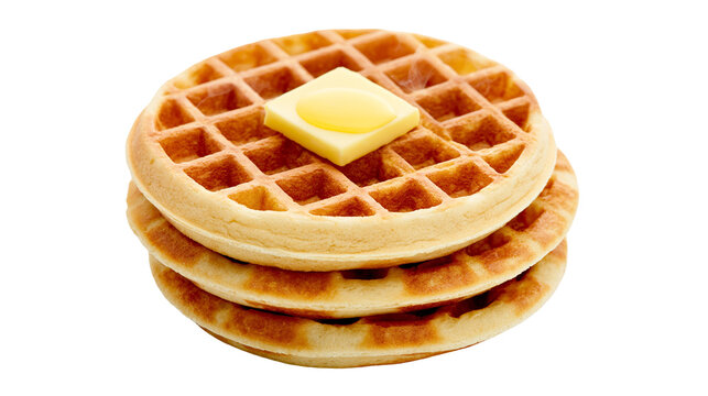 Stack of golden brown waffles with a square of melting butter, isolated on transparent background