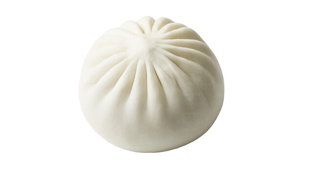 Fluffy white steamed bao bun with delicate pleats, isolated on transparent background