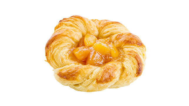 Golden brown braided danish pastry with sweet peach filling, isolated on transparent background