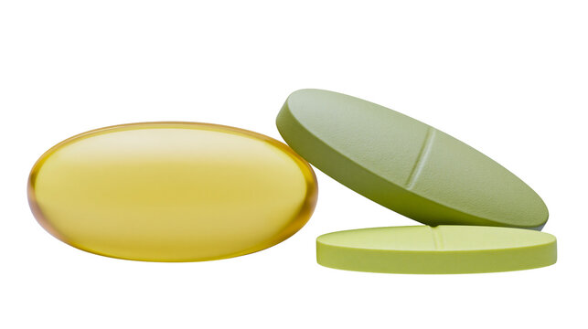 Yellow oval capsule and two green oblong pills, isolated on transparent background