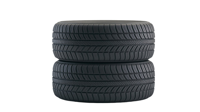 Two stacked black rubber car tires with detailed tread patterns, isolated on transparent background