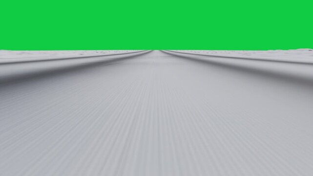 On play, low view traveling, lines stretching, banks converging, guiding focus on transparent bg