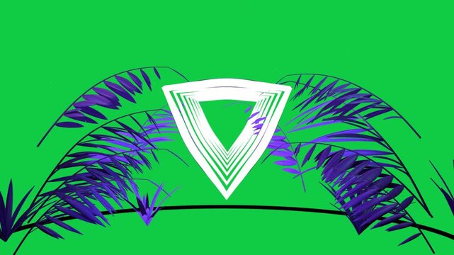 Light starting inverted triangle forming emblem pulsing settling, purple fronds framing transparent