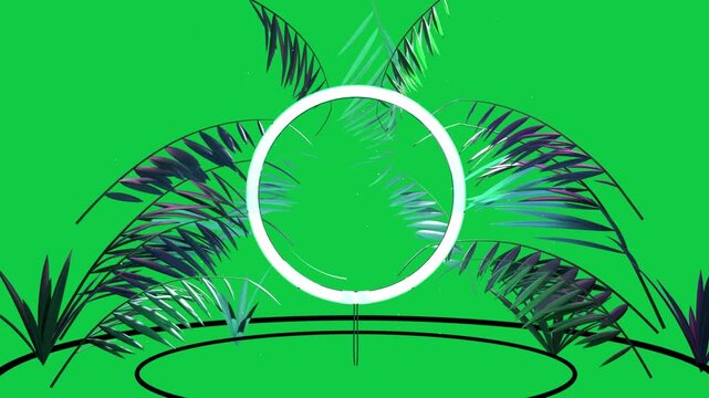 Initial dim starting neon hoop dimming and regaining glow to show leaves, looping on transparent bg