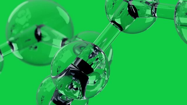 Camera orbiting glass sphere chain rotating and sliding to show cube cores on transparent backdrop