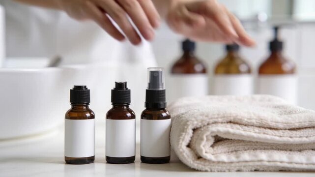 Reaching robed hands twisting amber bottle caps and smoothing towel on vanity, preparing routine