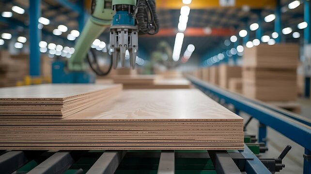 Automated robotic arm operating in a wood processing factory with stacked plywood sheets moving on a conveyor belt system for industrial production