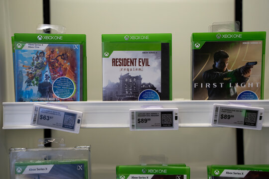 View of Xbox video games on retail shelf. Toronto, Canada - August 5, 2026.