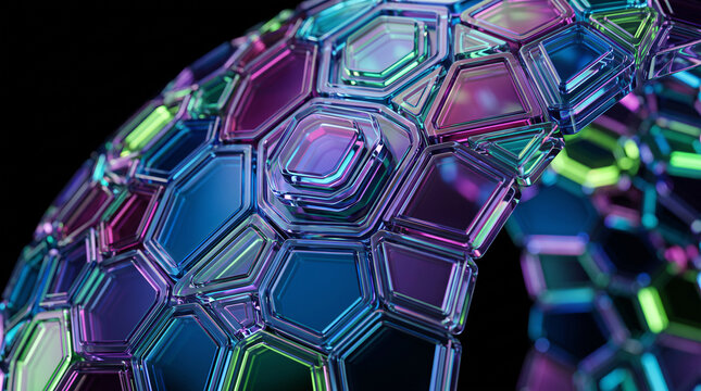 Intricate spherical dome constructed from vibrant glowing hexagonal glass tiles with multi colored reflections. Modern technology aesthetic perfect for high end digital visual concepts.