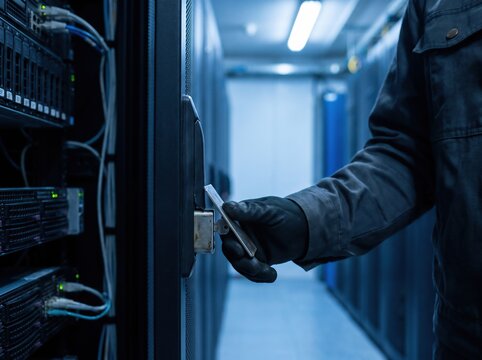 Cybersecurity professional accessing a secure server room with a key card for data protection.