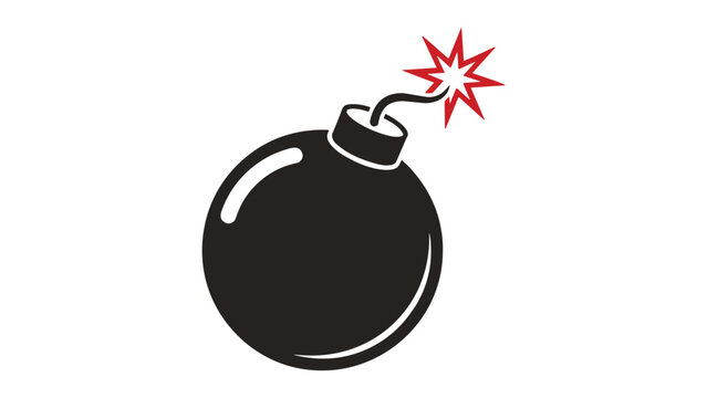 Retro Bomb with Fuse Lit: A classic black bomb with a lit red fuse sits on a white background, poised to detonate, symbolizing impending danger or a sudden, explosive event.